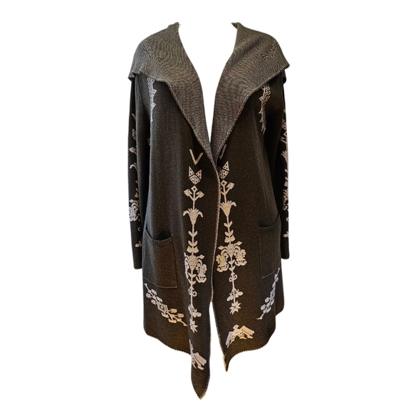 Vertigo Paris Sweaters - Olive Green Vertigo Long Open Drape Sweater Jacket with Hood Aztec Print Size M